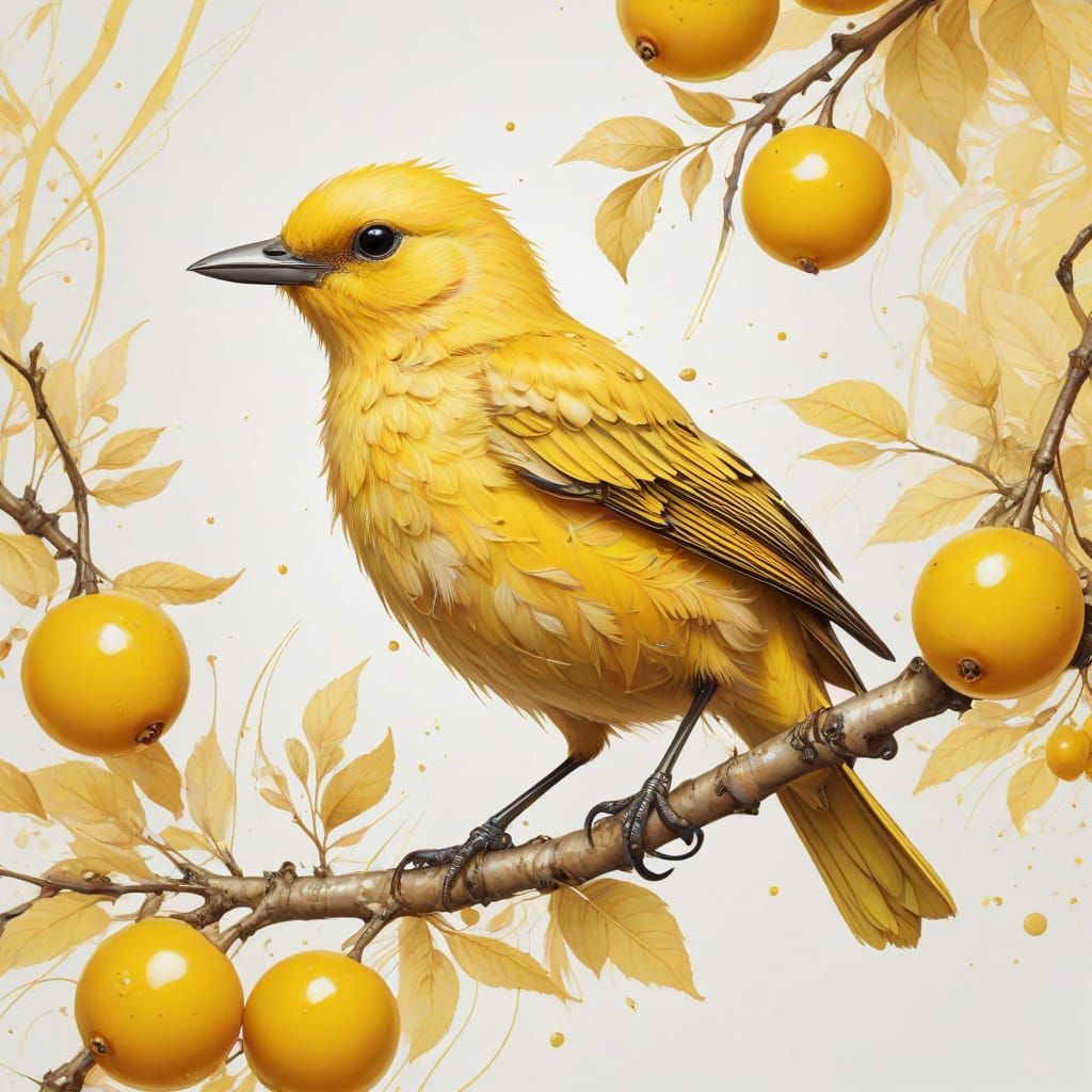 Whimsical Bird on Berry Branch in Enchanting Fusion of Artis...