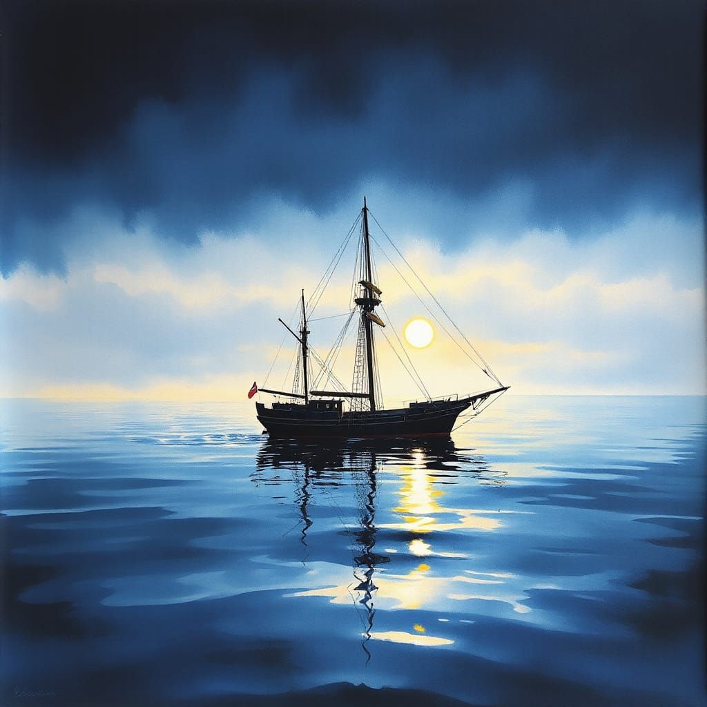 Sailing Ship Silhouette in Golden Moonlight