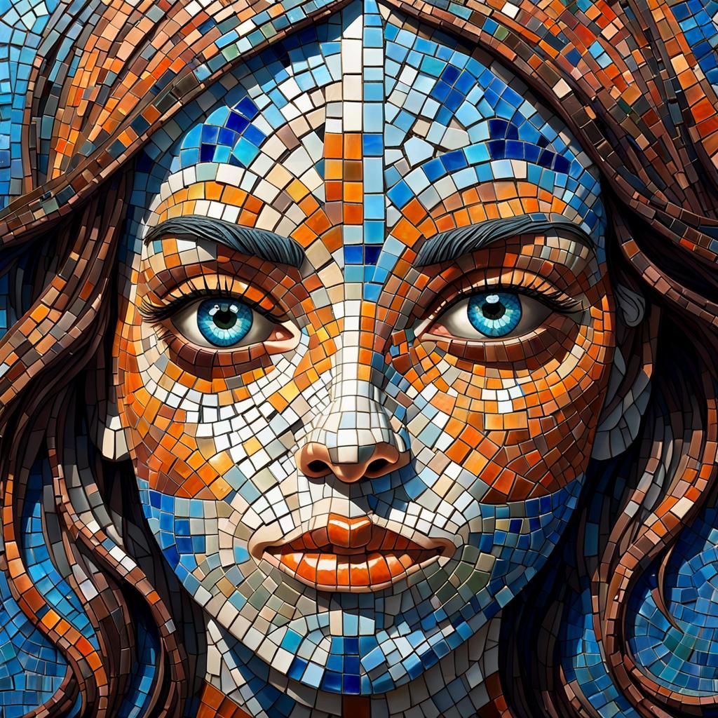 Surreal Mosaic Portrait of Girl with Orange and Blue Tiles