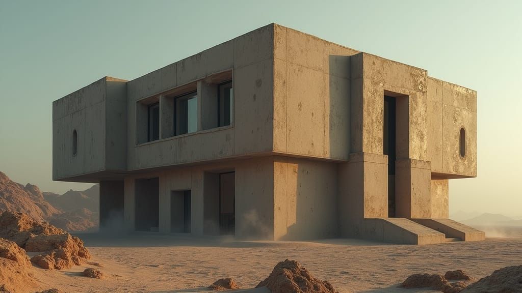 Monumental Brutalist Structure in Desert Sci-Fi Landscape
