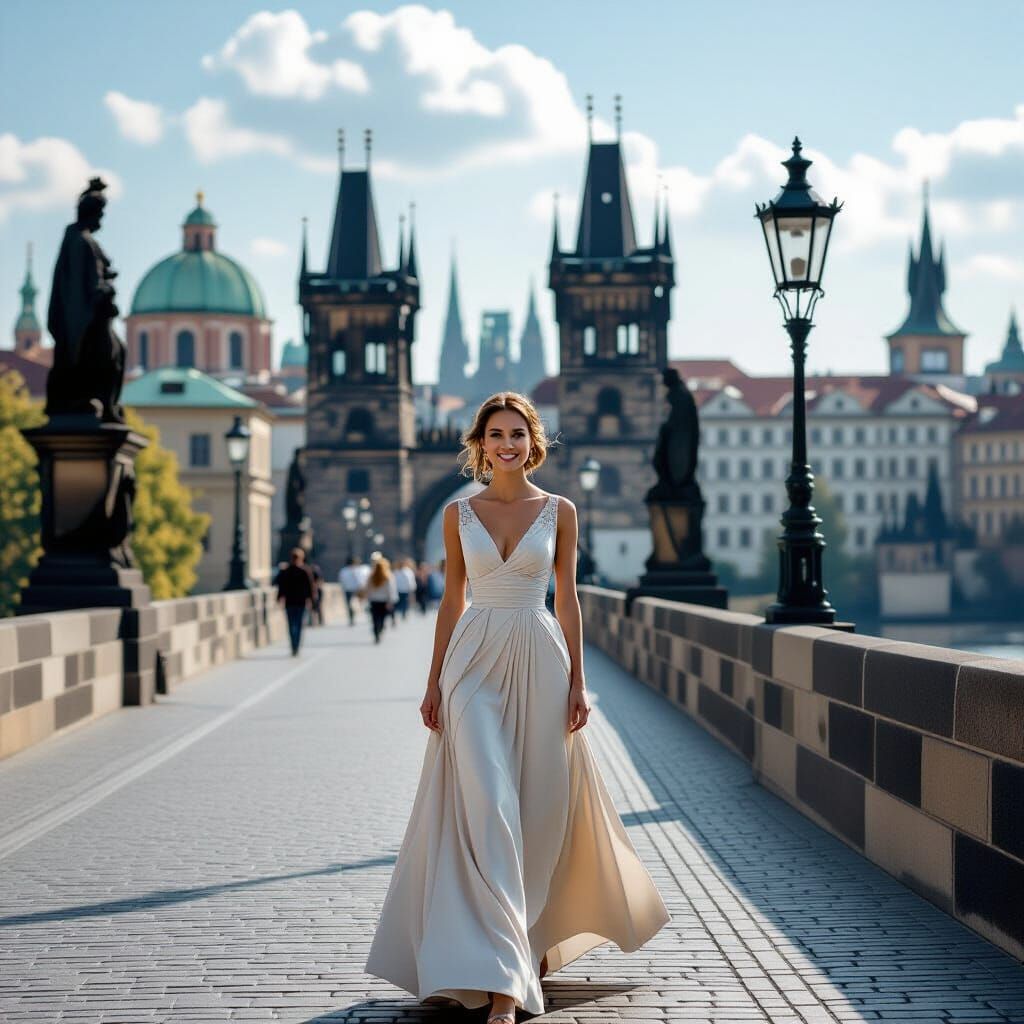 Woman with Smile on Charles Bridge, Prague, Cinematic Film S...