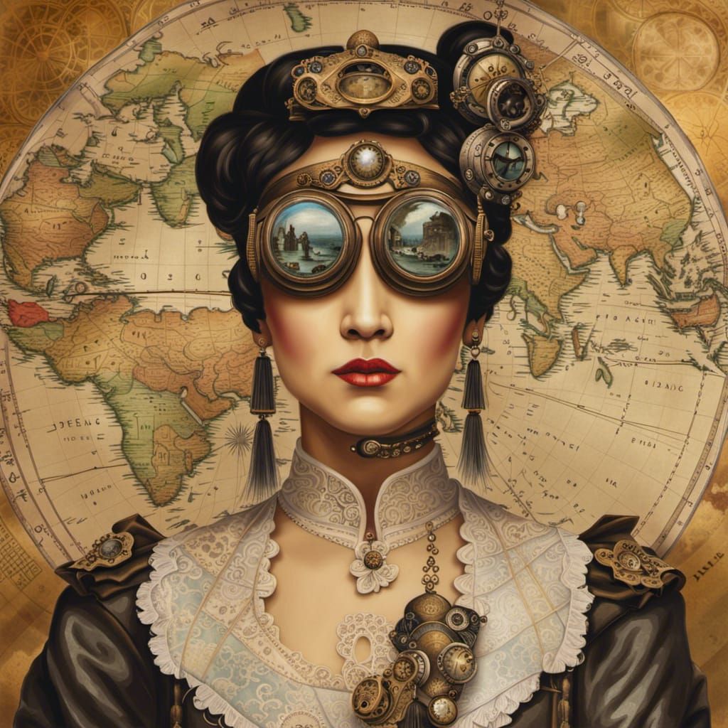 Steampunk Han Woman with Goggles in Oil Painting