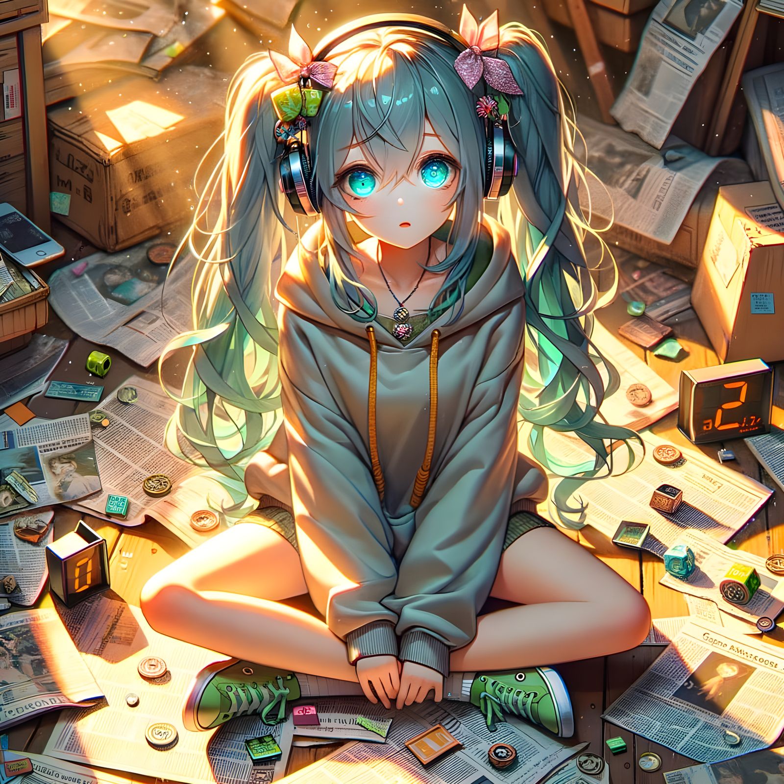 Anime Girl with Teal Twin-Tails and Blue Eyes in Sunlight