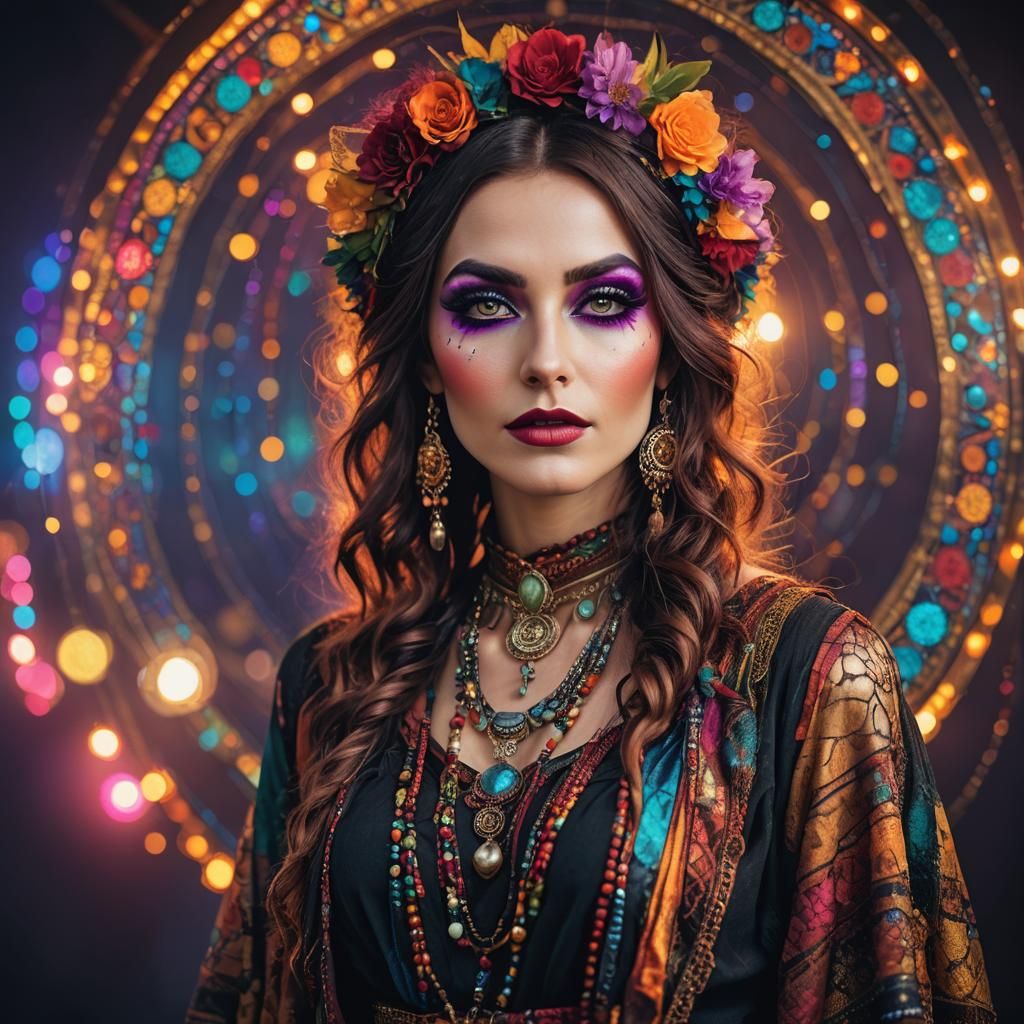 Woman in Bohemian Clothing with Colorful Makeup