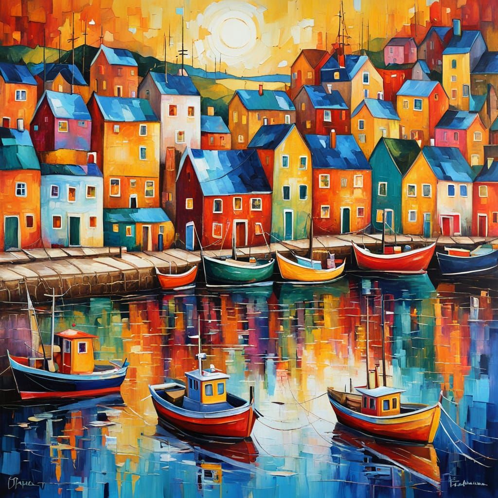 Colourful Fishing Village in Abstract Expressionist Style