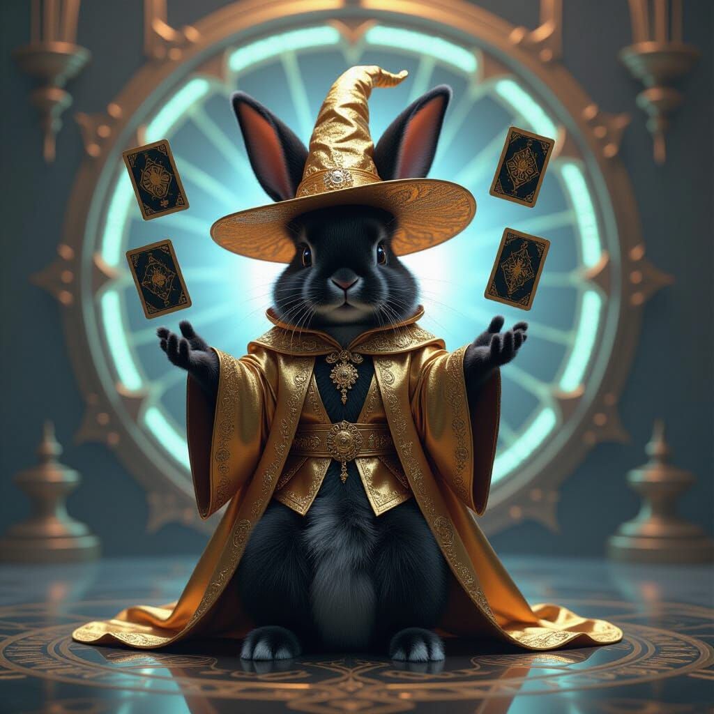 Bunny Wizard Levitates Tarot Cards in Digital Art Nouveau