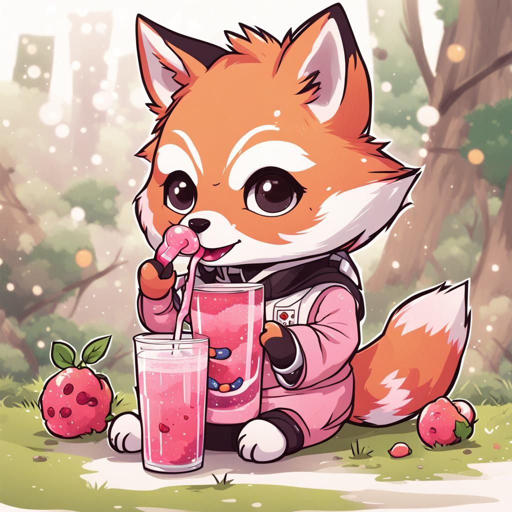 Chibi Fox Enjoys Pink Boba: Anime Style