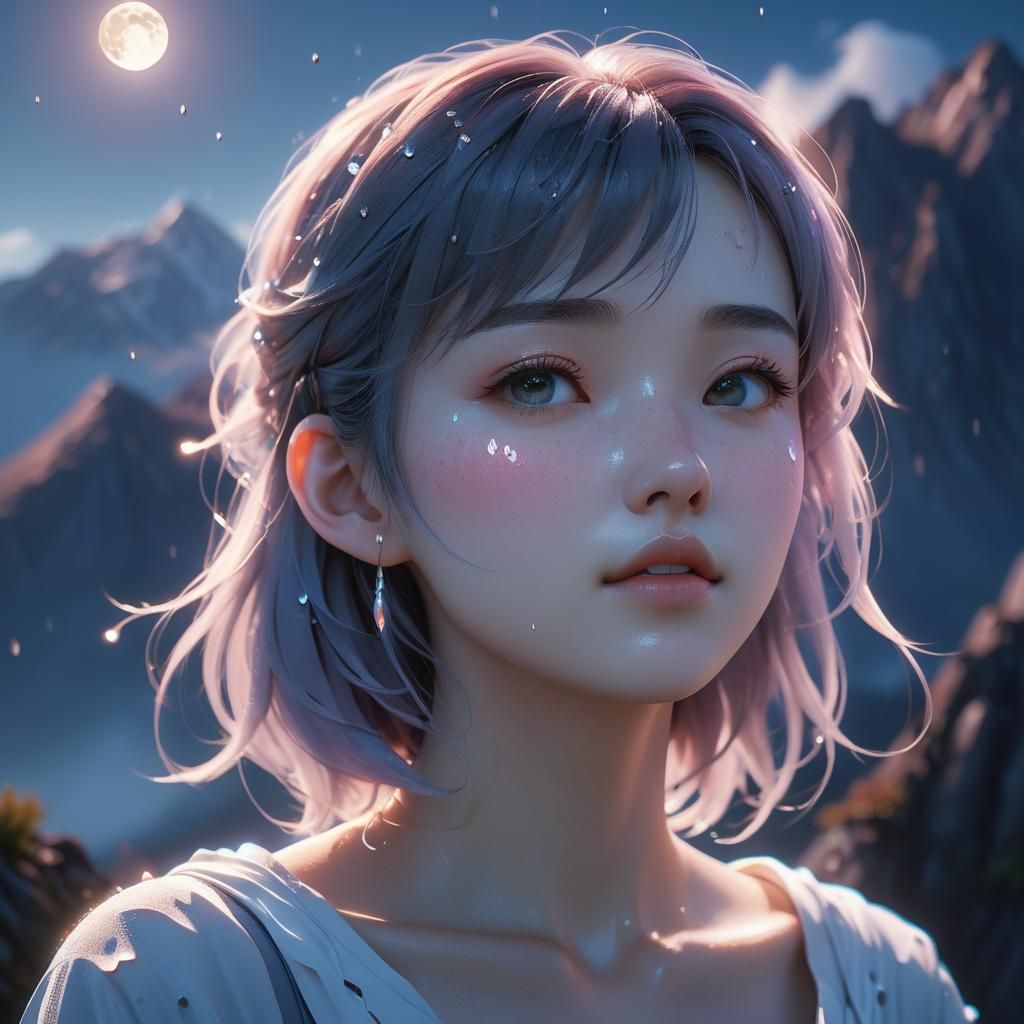 Surreal Anime Girl Portrait on Moonlit Mountain