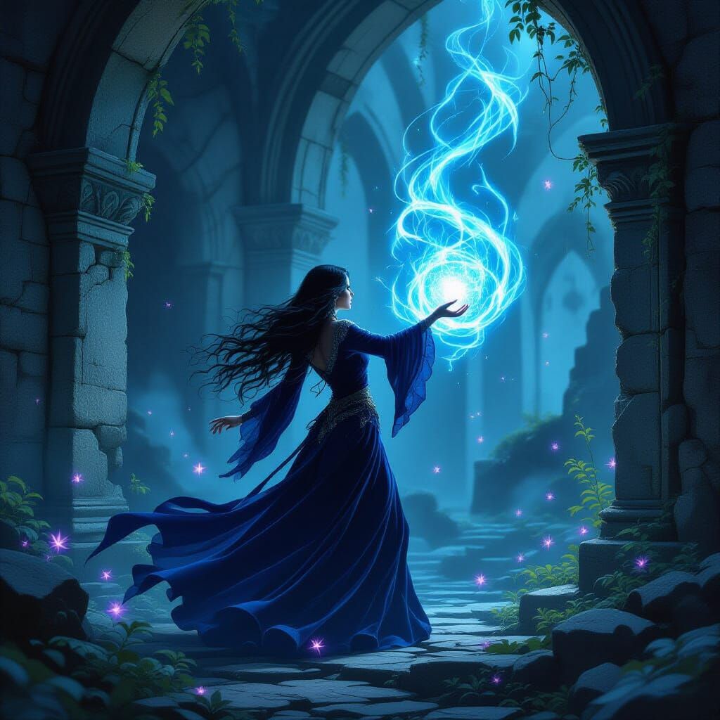 Sorceress Conjuring Arcane Energy in Ruined Temple