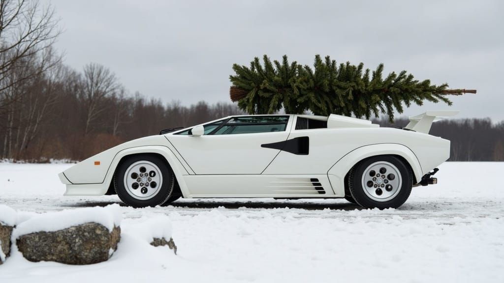 Classic White Lamborghini Countach in Snowy Winter Wonderlan...