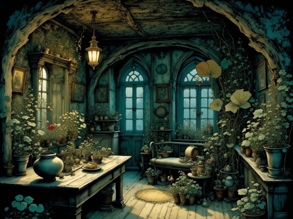 Whimsical Medieval Cottage Scene in Deep, Rich Colors