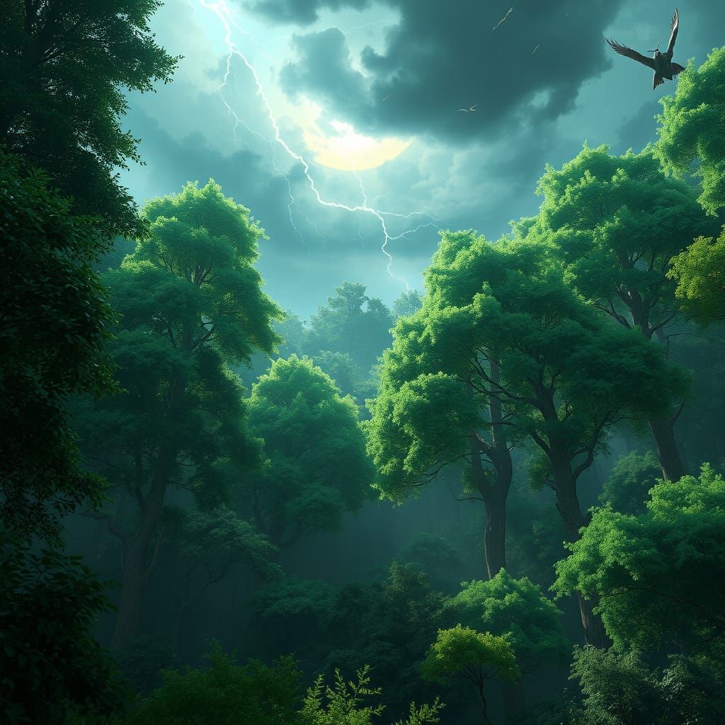 Serene Green Forest in Turbulent Stormy Weather