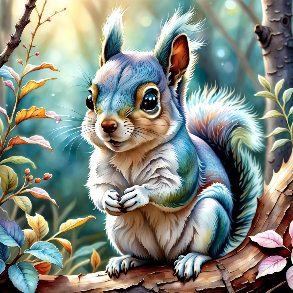 Cute Squirrel in Wild, Pastel Watercolor Style