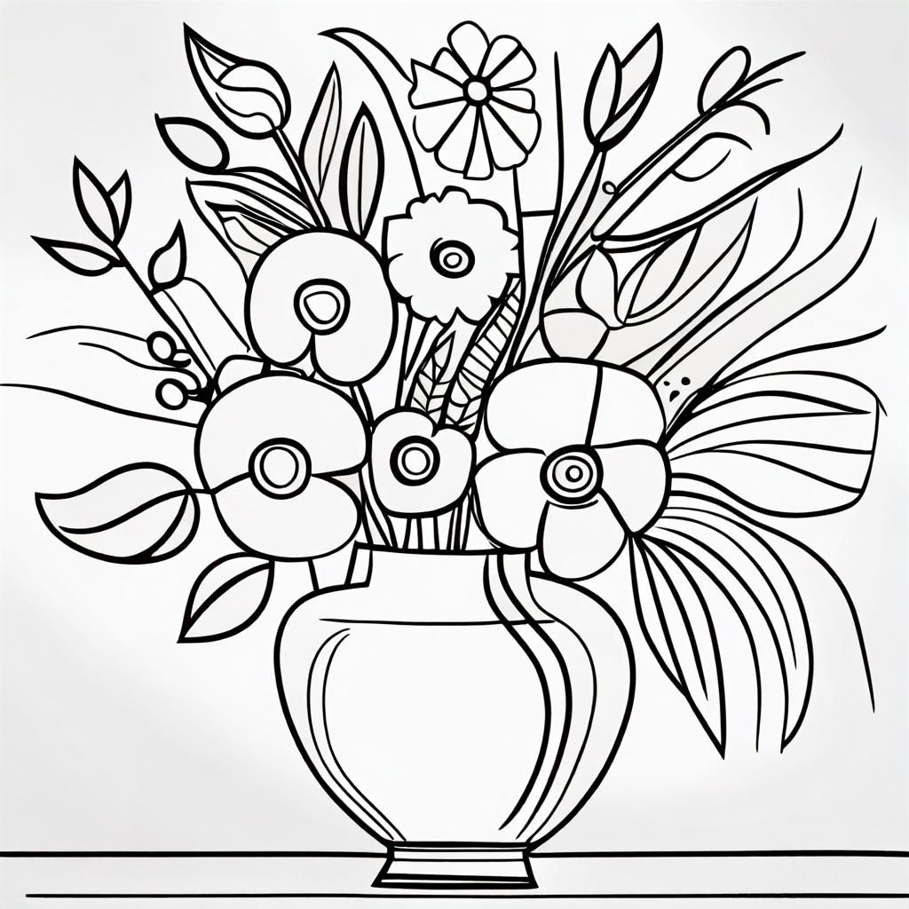 Line Art Flowers in Vase: Picasso Style