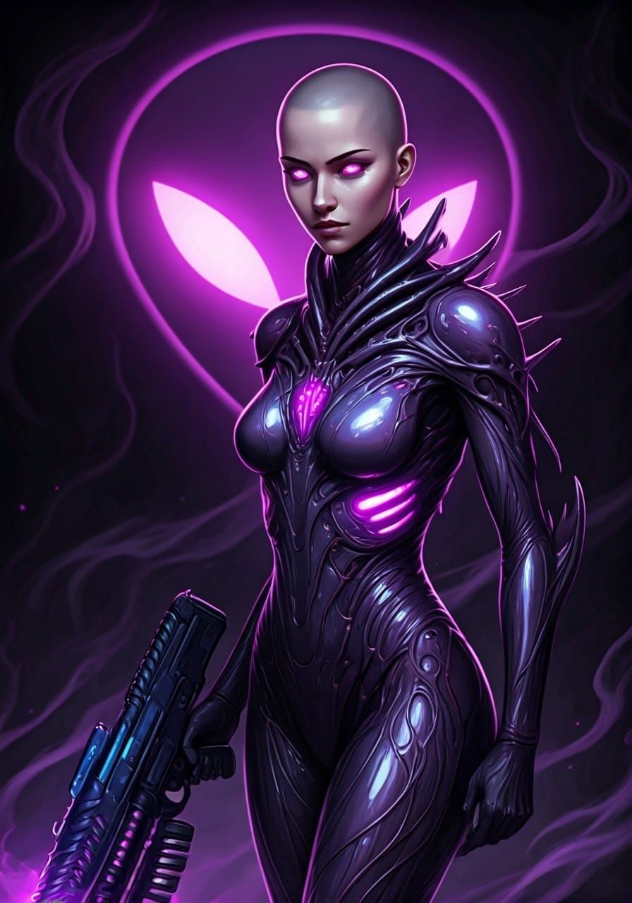 Assimilated Human Goddess in Bioluminescent Exosuit