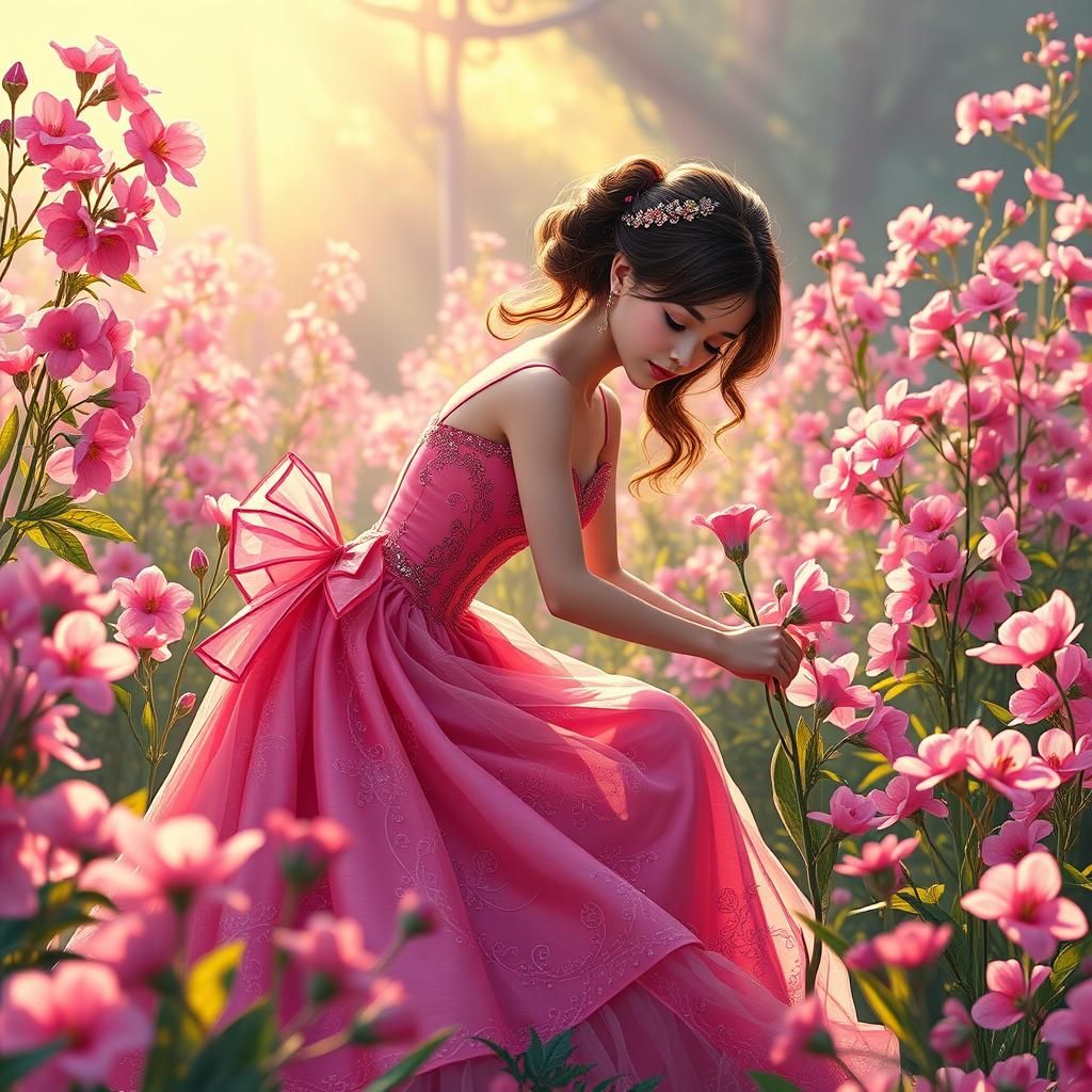 Princess Picking Flowers in Ethereal Garden