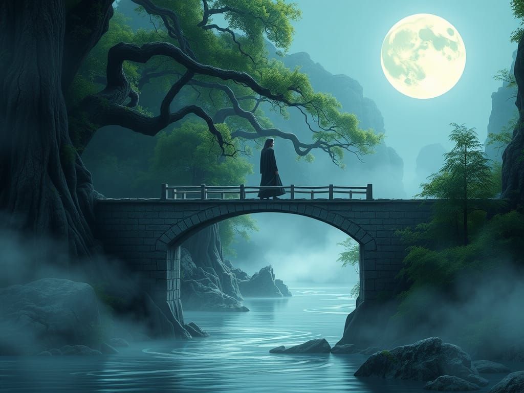 Figure on Ancient Bridge under Full Moon