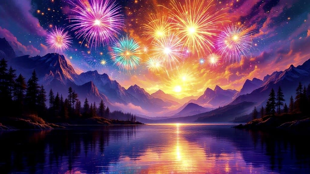 Vibrant Fireworks Dance Over Serene Mountain Lake