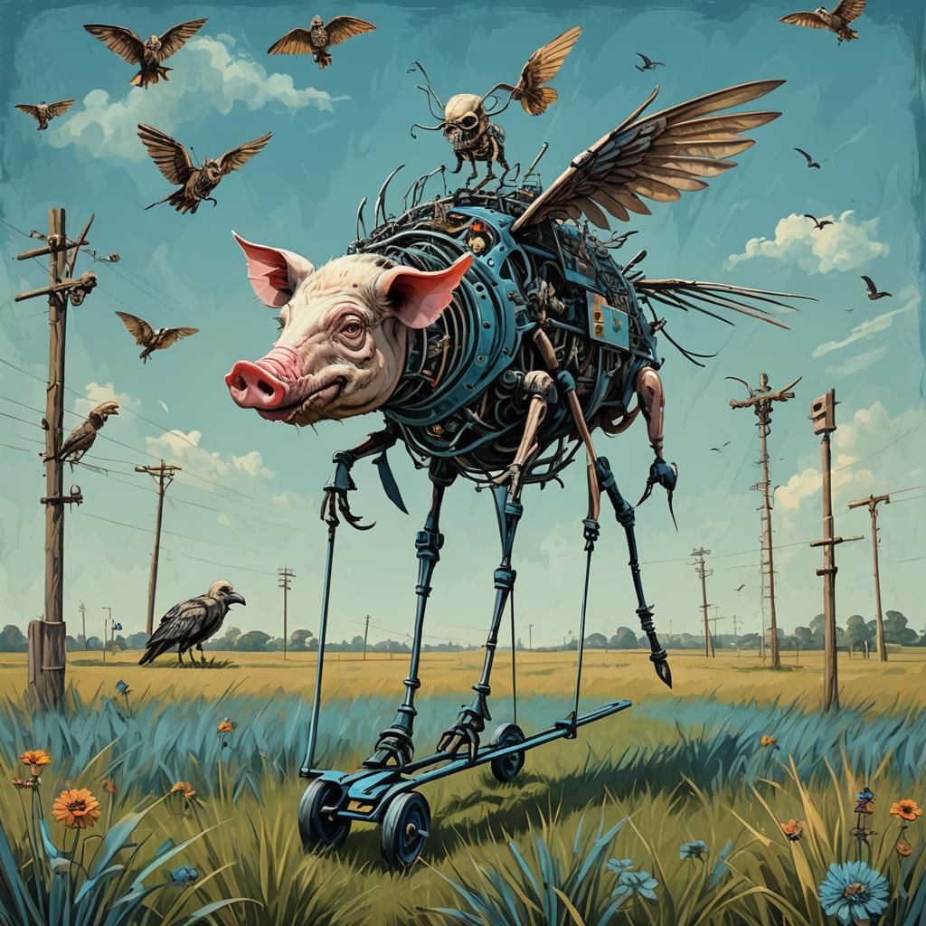 Hybrid Creature on Pogo Stick in Abstract Style