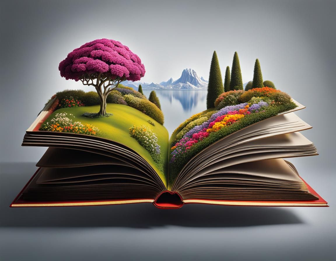open pop up book with beautiful garden of flowers lifting fr...