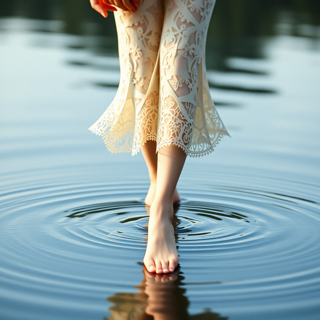 Origami Woman Walking on Water in Dreamlike Style