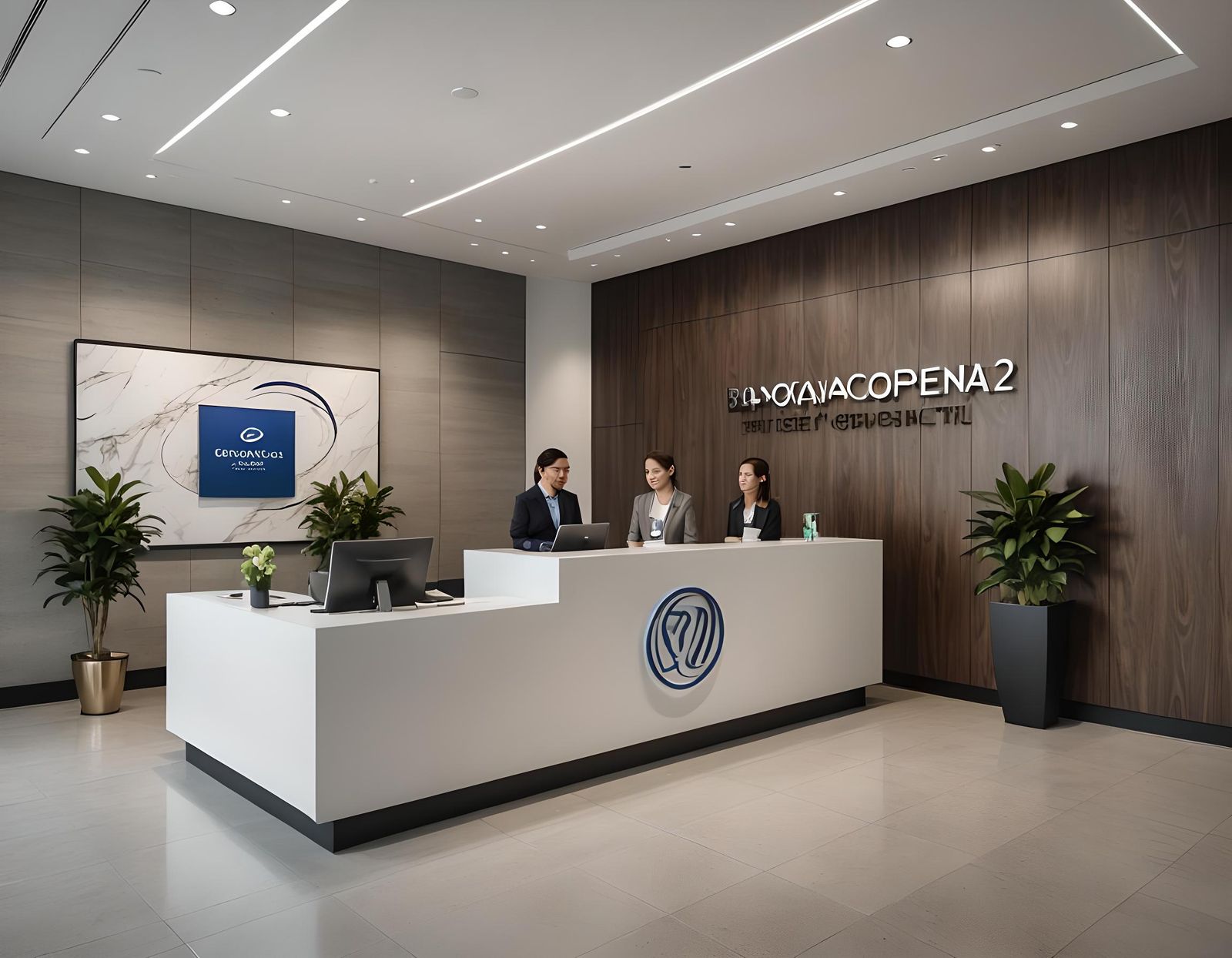 Modern Corporate Reception Area with Logo Display