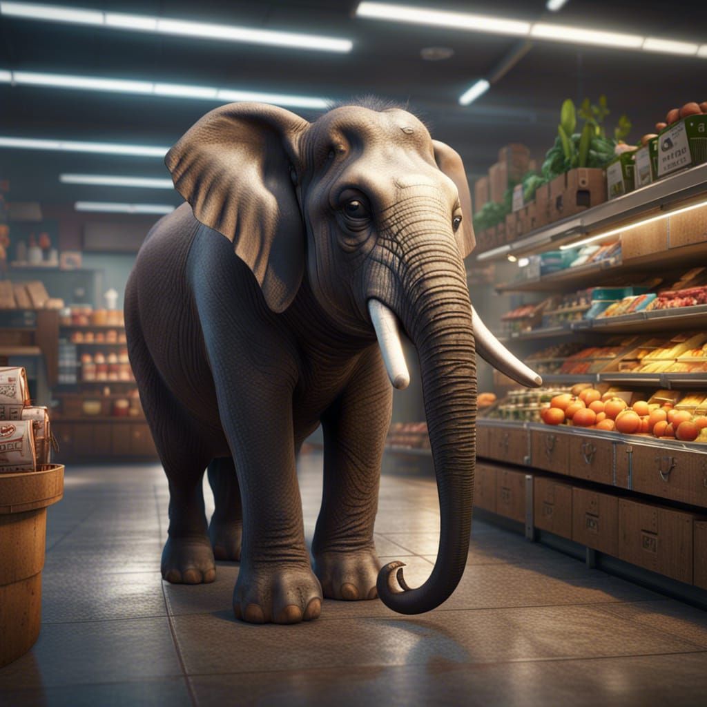 Elephant Cashier at Supermarket in Detailed Matte Painting