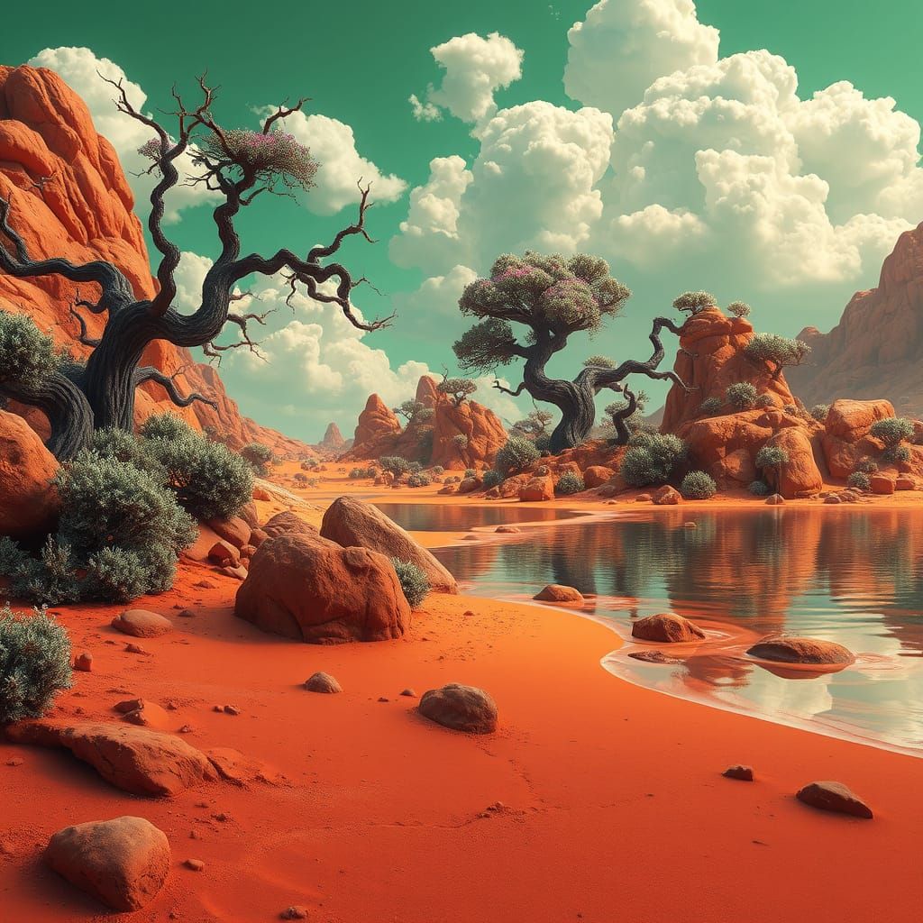 Dreamlike Alien Landscape with Serene Lakefront and Biolumin...