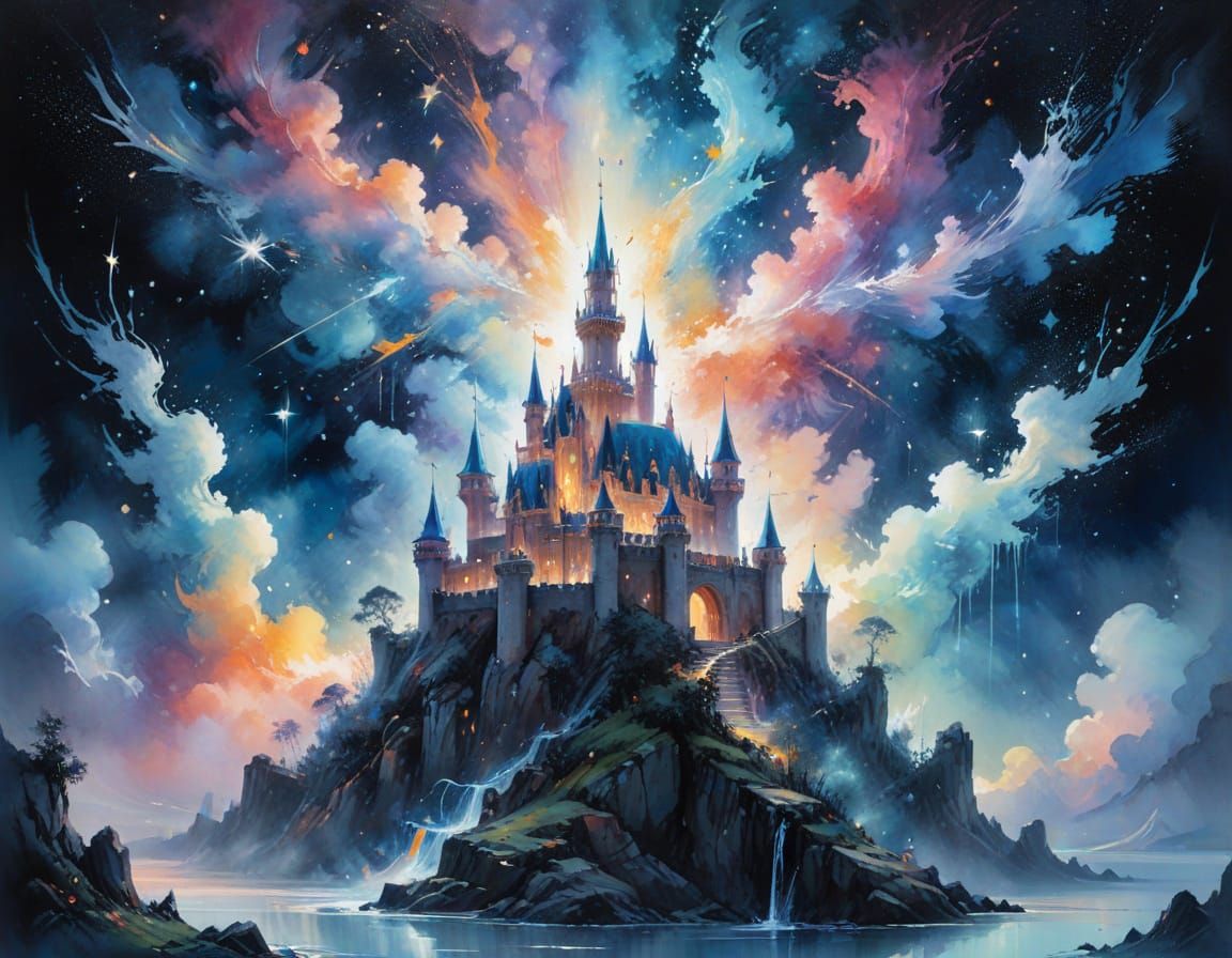 Celestial Castle in Starry Mists: Watercolor Art