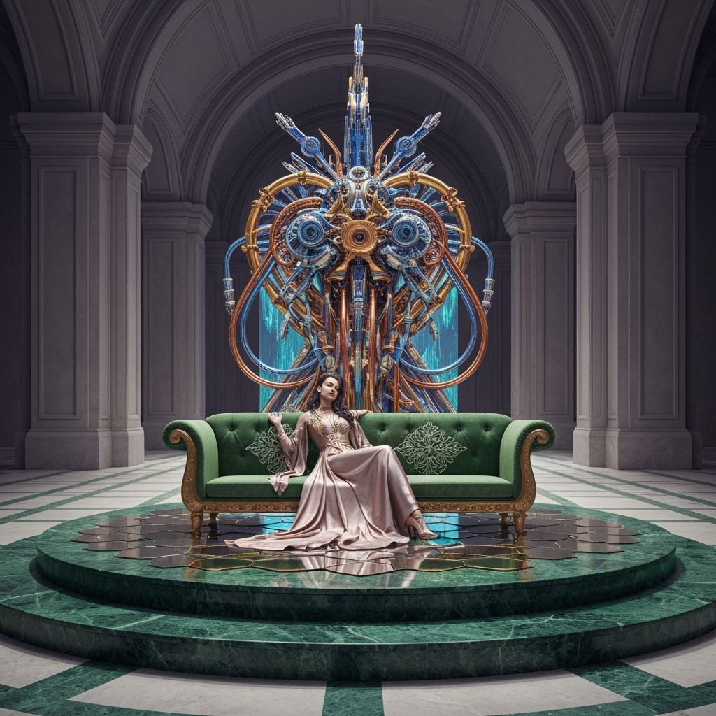 Dreamwright in Cyberpunk Chamber with Metallic Sculpture