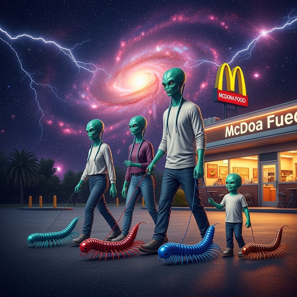 Alien Families Walking Pets in Futuristic Style