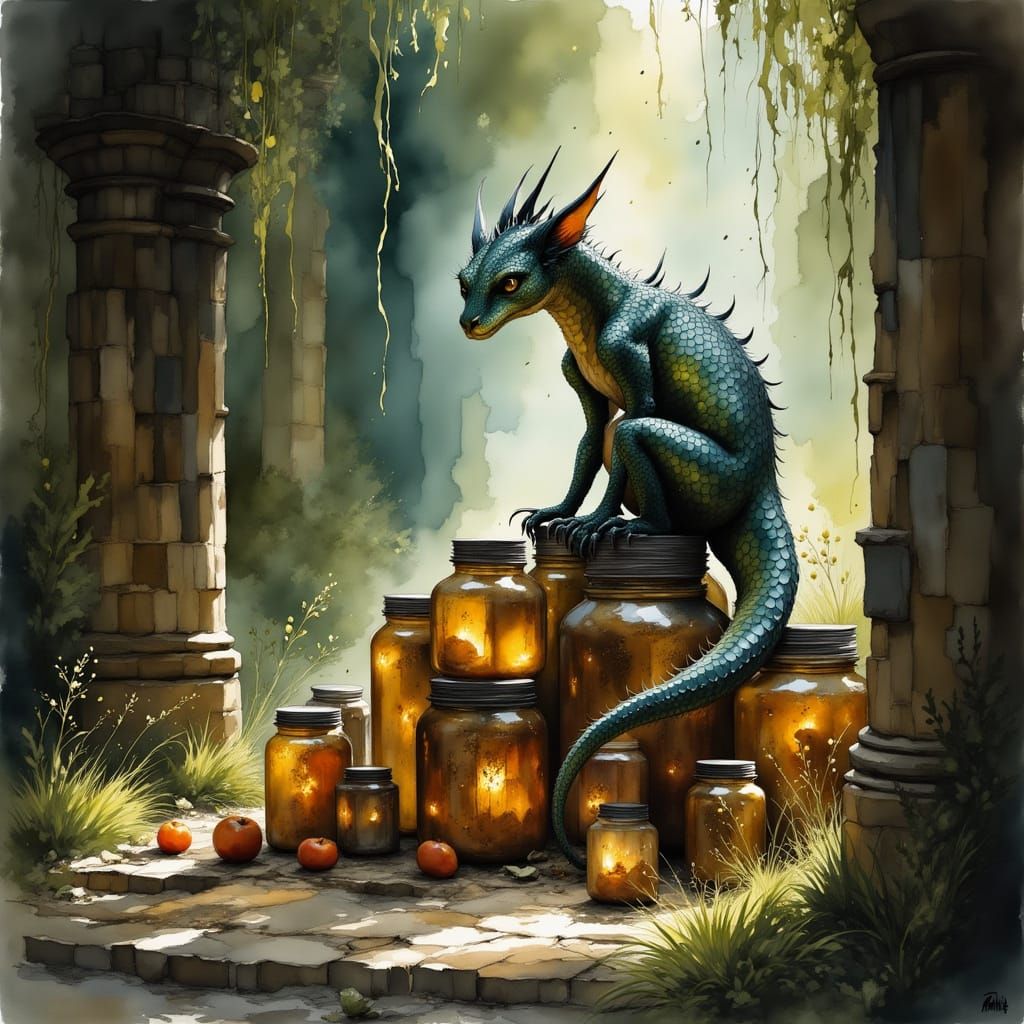 Baby Dragon Guarding Glowing Spice Jars in Ruin