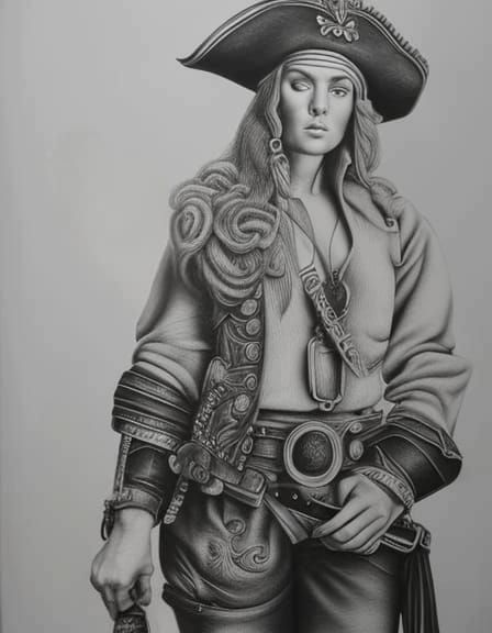 Intricate Pencil Drawing of a Drunk Pirate Woman