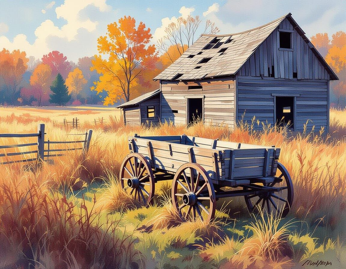 Impressionist Watercolor of Autumn Barn Ruin and Wagon