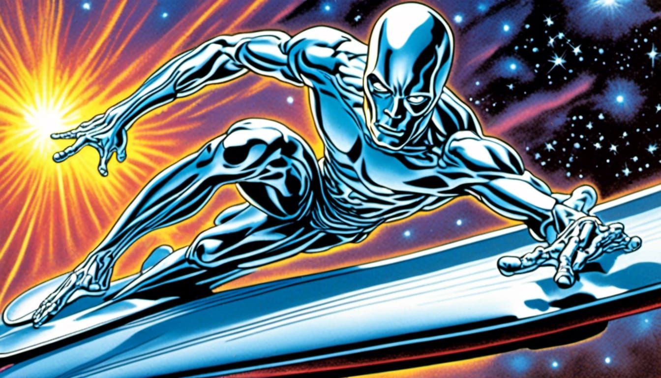 Silver Surfer Skateboarding in Starry Universe