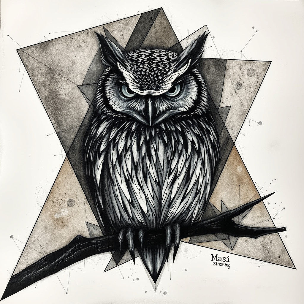 Cubist Night Owl Drawing in Art Deco Style