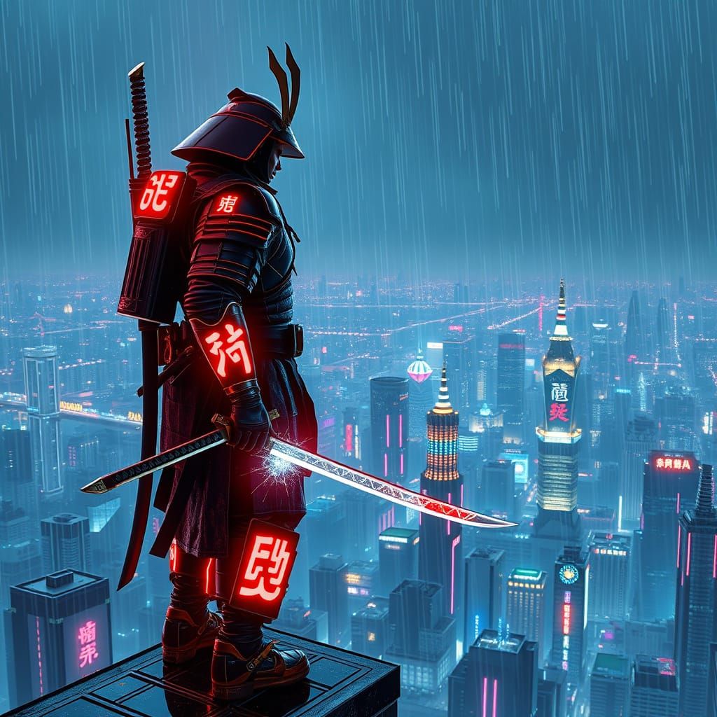 Cyberpunk Samurai Warrior in Futuristic Tokyo