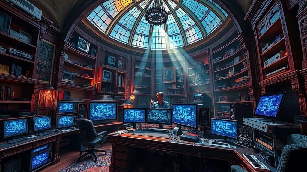 Maximalist Gaming Room with Vintage Electronics and Gothic A...