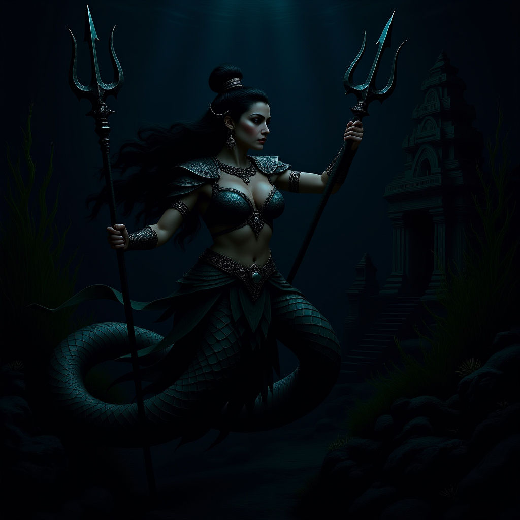 Naga Warrior in Deep Ocean Digital Art