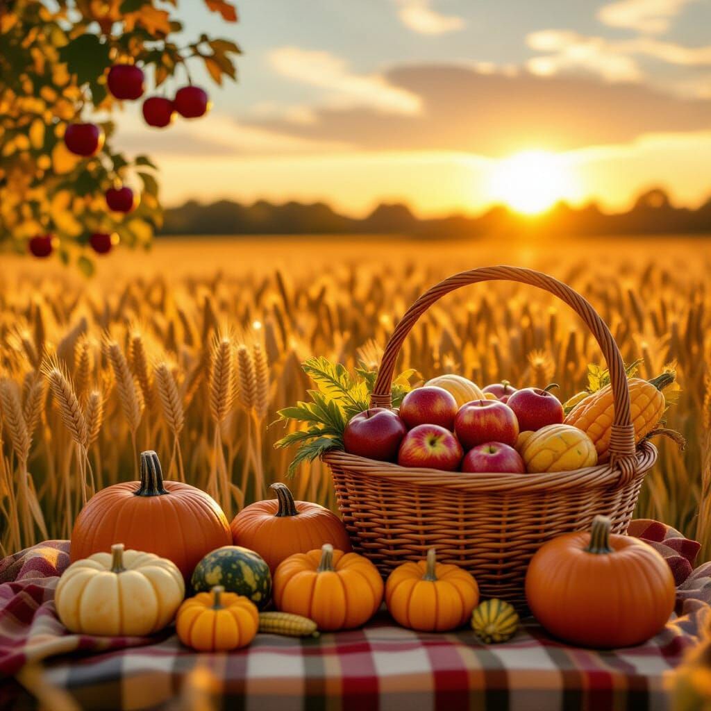 Golden Autumn Harvest Scene with Ripe Apples and Pumpkins