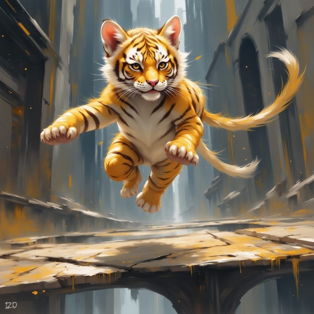 Anime, a golden tiger cub, nimble, powerful, a force to be reckoned with. He leaps upon a floating platform that slides ...