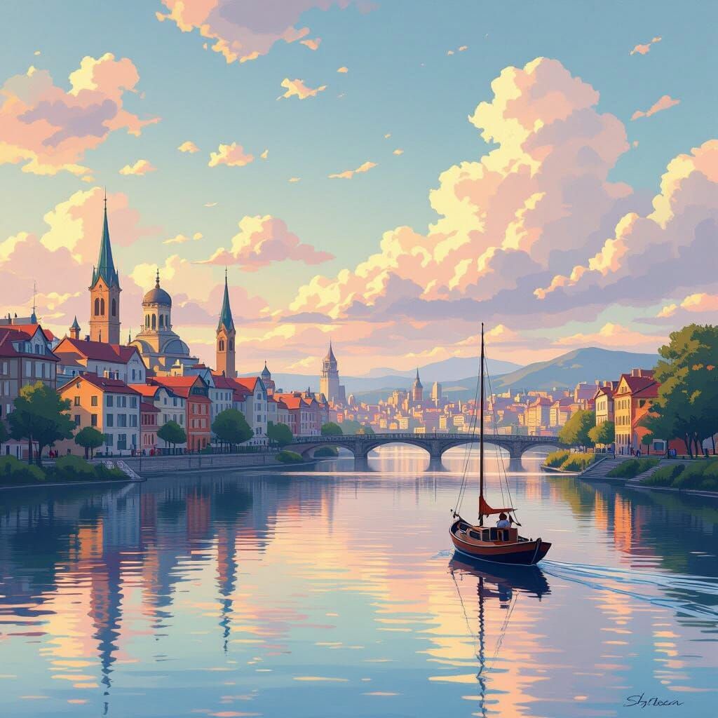 Dreamy Cityscape on Water in Animated Style