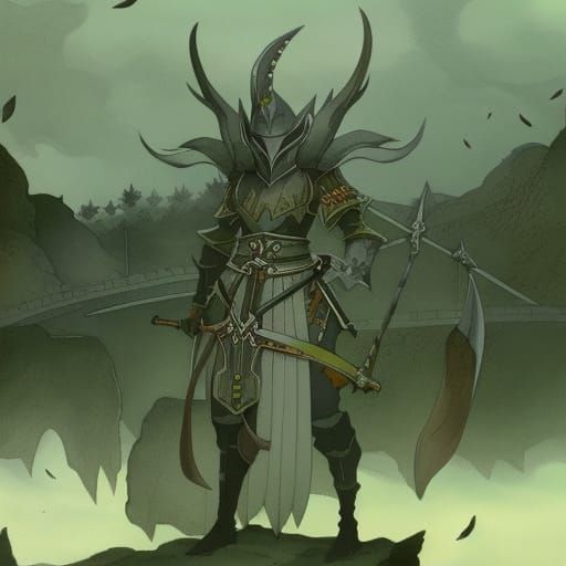 Horned Goblin Knight Guarding a Bridge in Watercolor