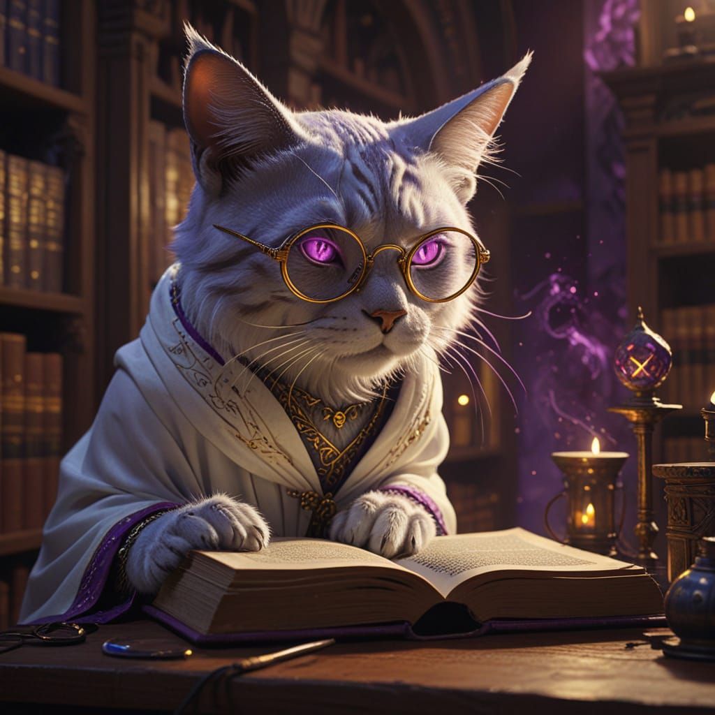 Tabaxi Wizard in Arcane Library, Dark Fantasy Art