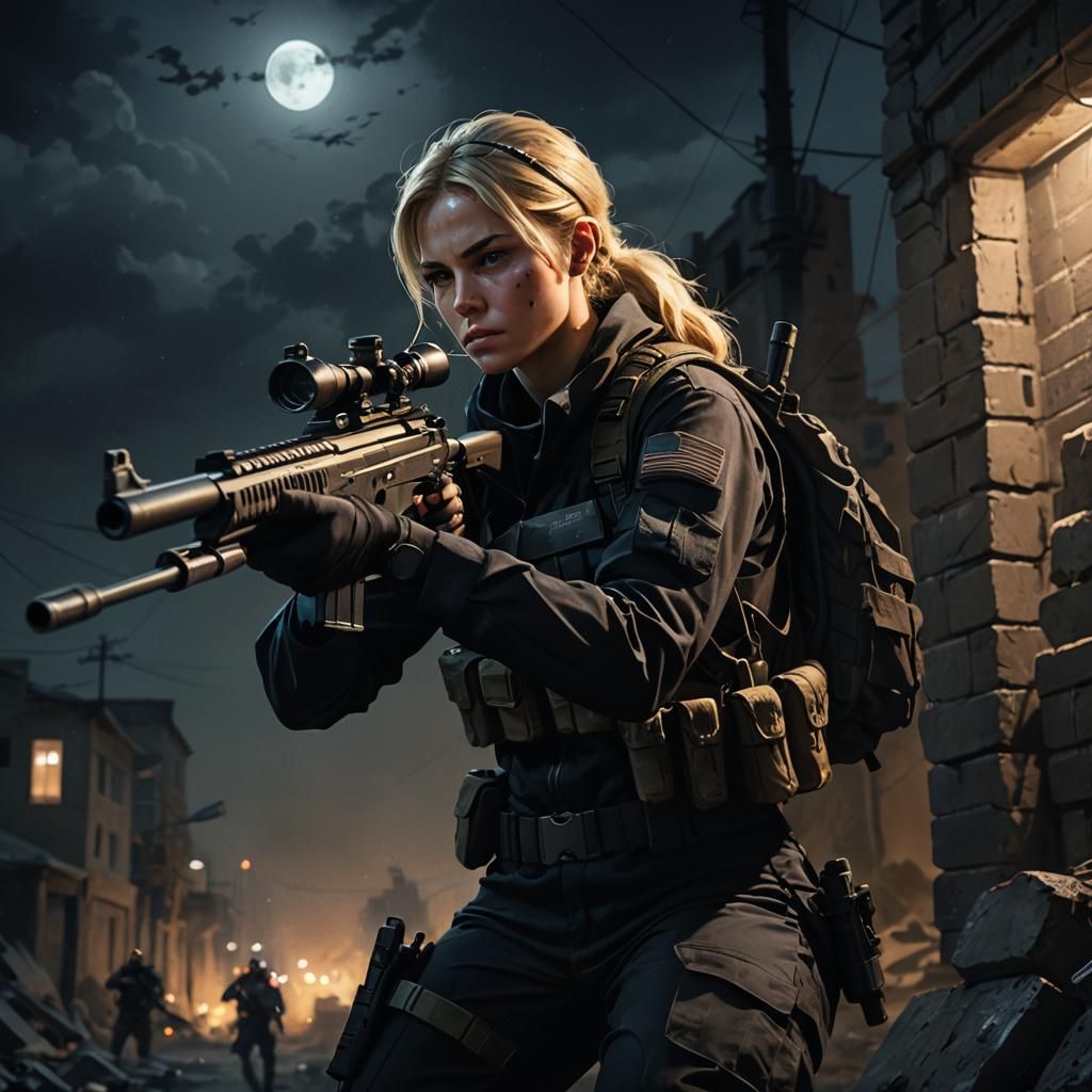 Female Sniper Aims in Dark Gritty Oil Painting