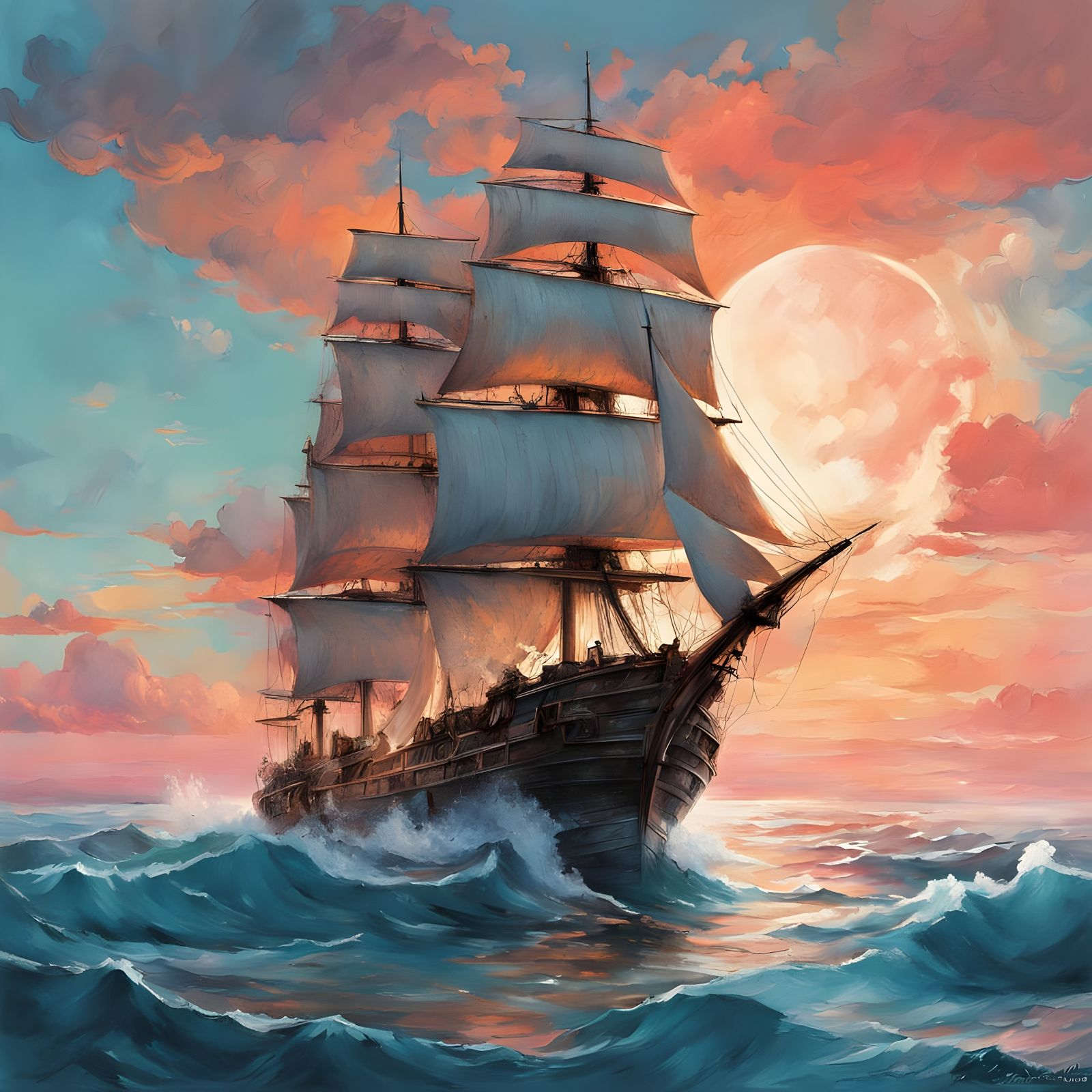 Sailing Ship in Impressionistic Sunset