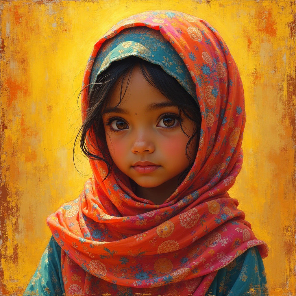 Girl in Hijab with Etching-Inspired Art