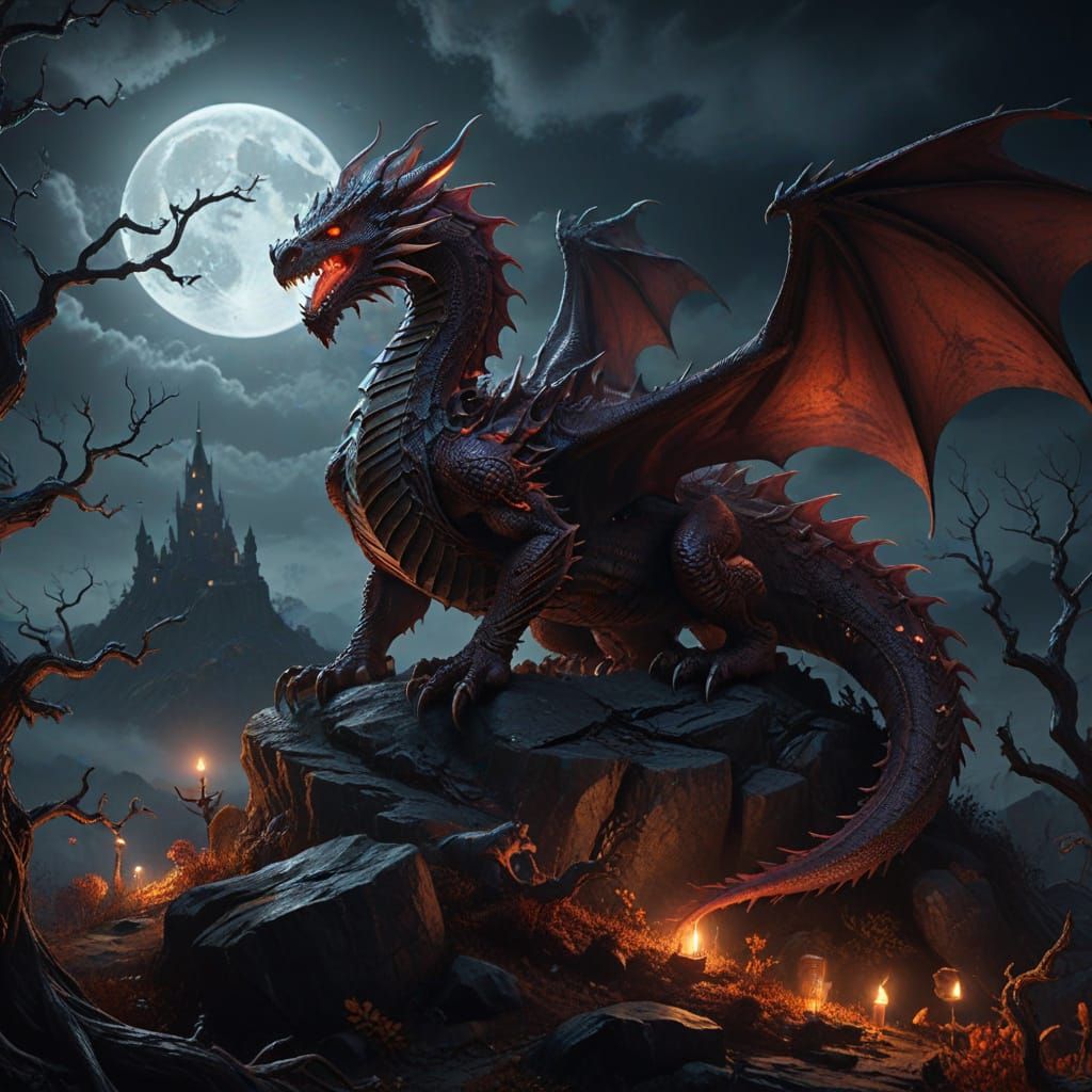 Majestic Red Dragon on Halloween Hill Under Full Moon