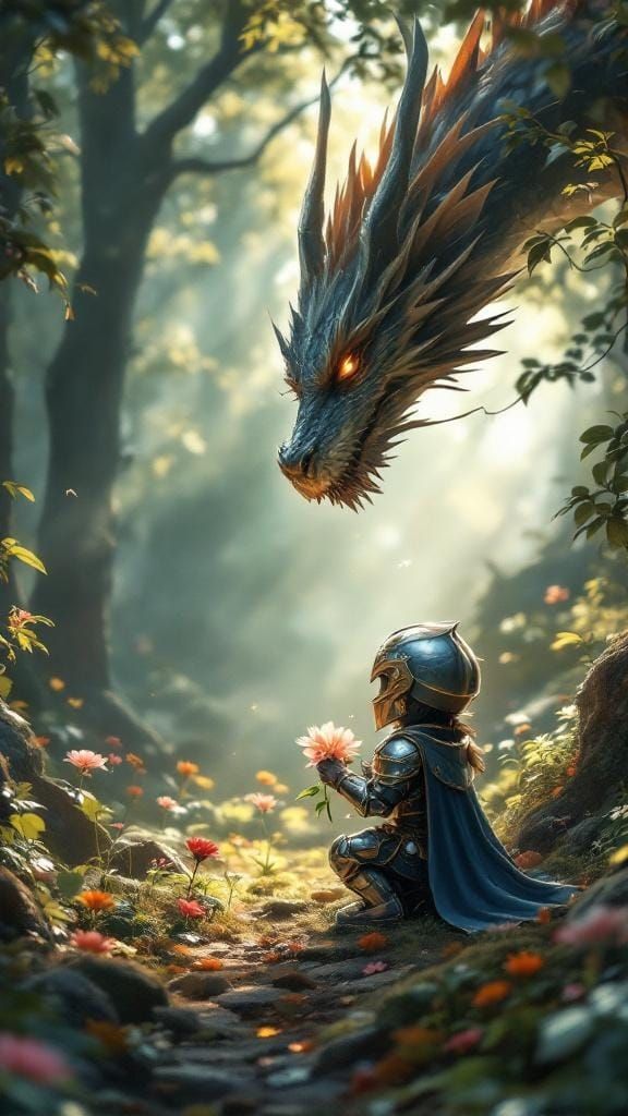 Chibi Knight Offers Flower to Dragon in Forest