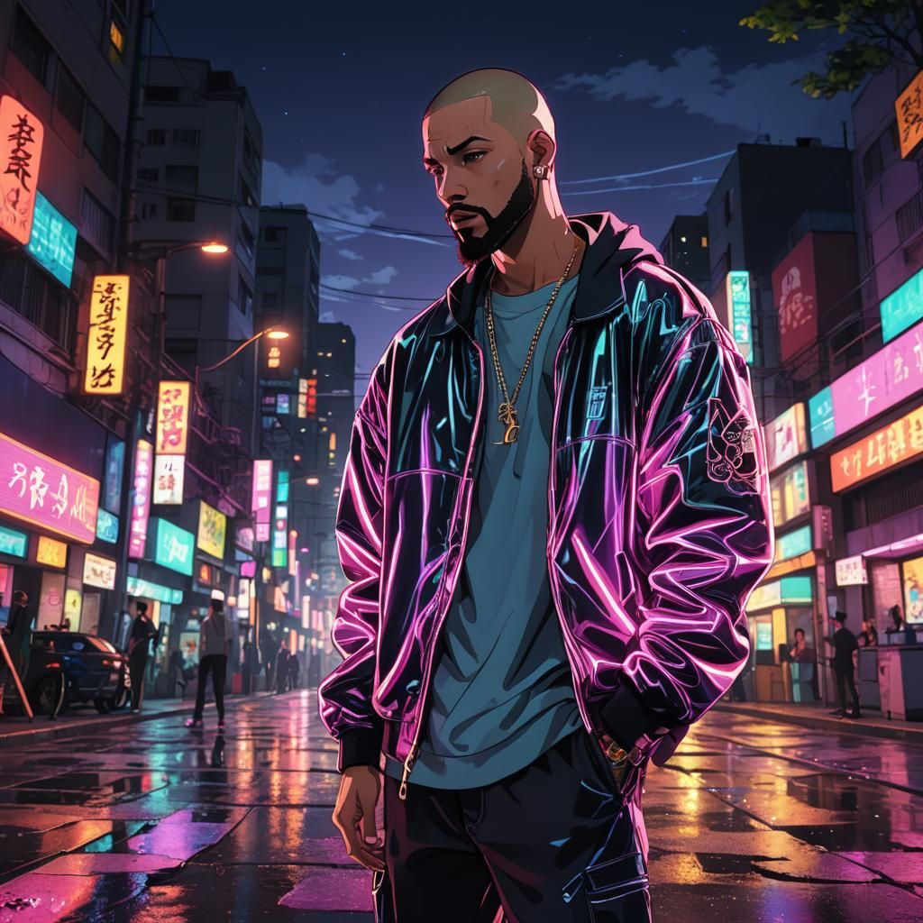 Anime Key Visual of Latin Rapper in Neon Park